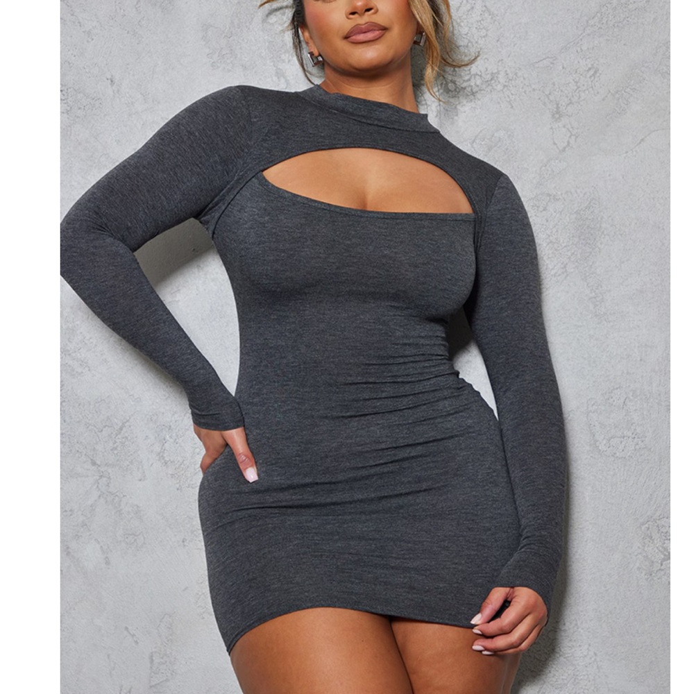 Charcoal Grey Jersey Cut-Out Long Sleeve Bodycon Dress NEW 🏷️